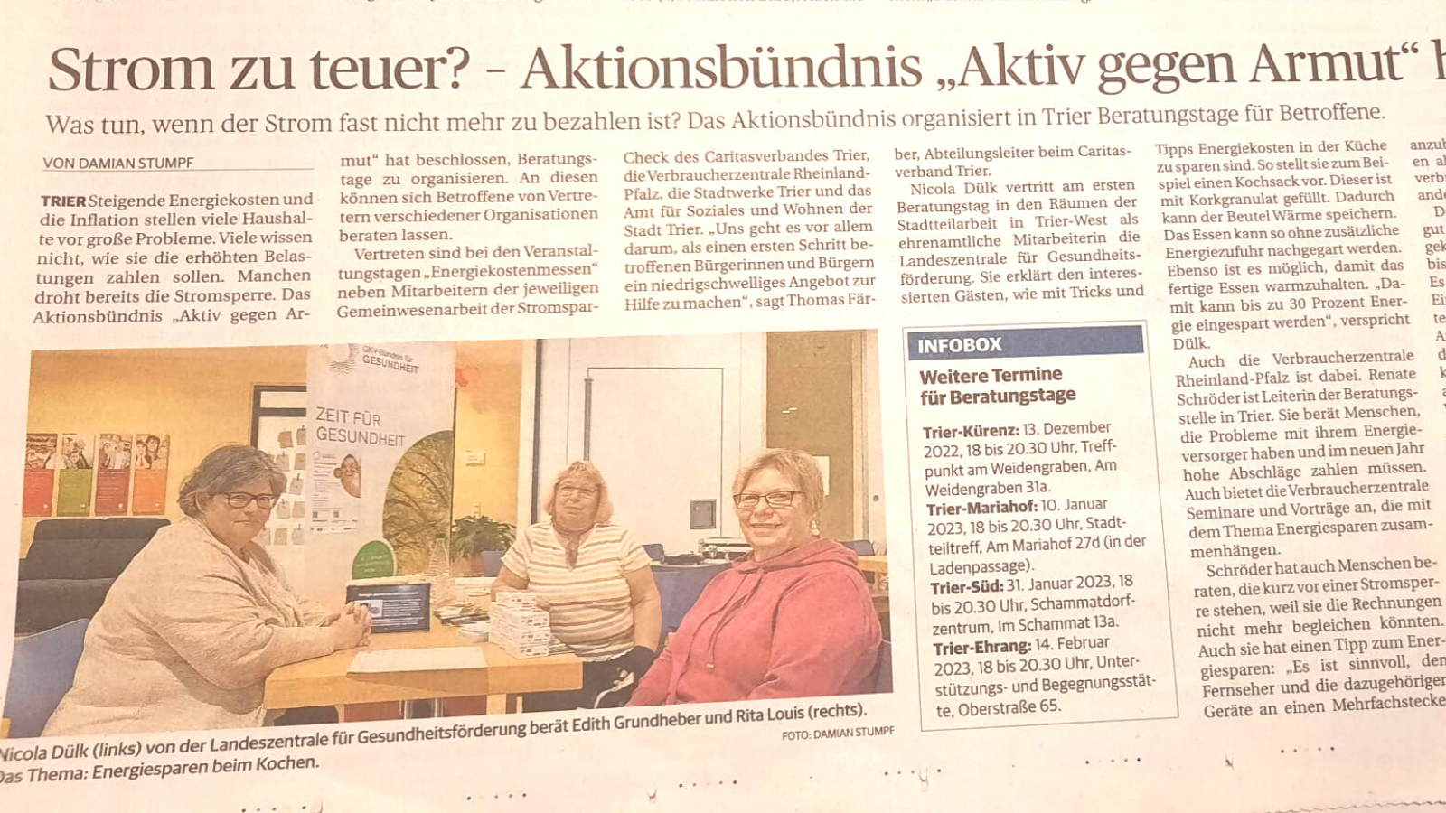 Zeitungsausschnit Volksfreund Trier mit Bericht über die erste Energiekostenmesse in Trier vom Aktionsbündnis Aktiv gegen Armut in Trier